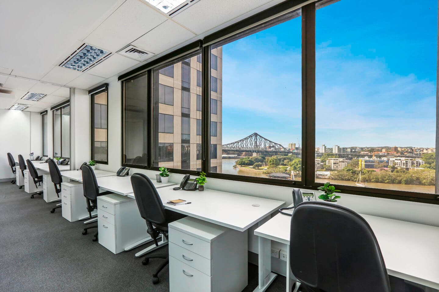 Modern office space with white desks and black chairs lined against large windows. The windows offer a view of a bridge and a cityscape under a clear blue sky. Small plants and office phones are on the desks.