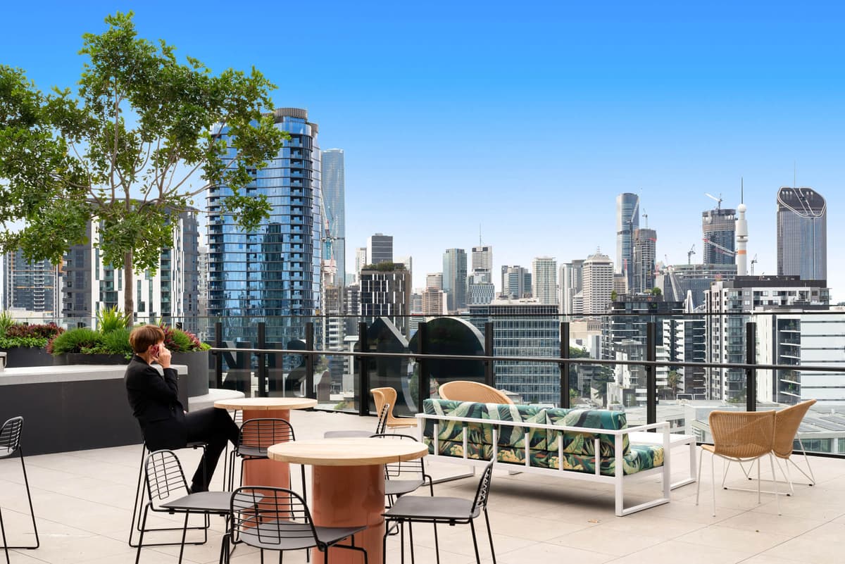 View of Brisbane CBD from the roof of Workspace365 West End, Brisbane.