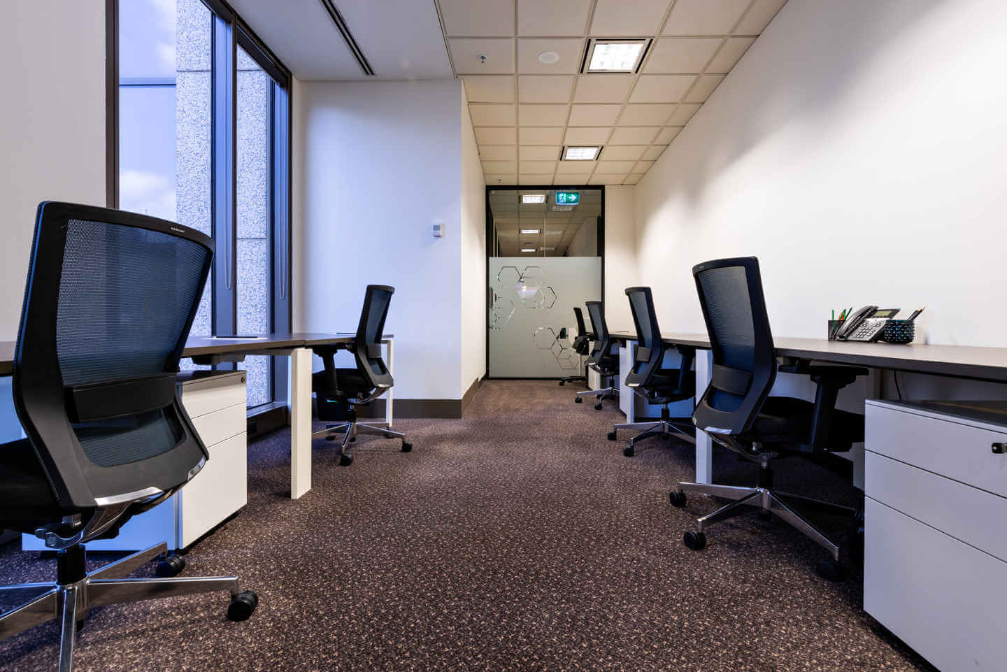A modern office space with several empty desks and ergonomic chairs on a carpeted floor. Large windows on the left allow natural light to enter. A frosted glass door with a patterned design is visible at the back.