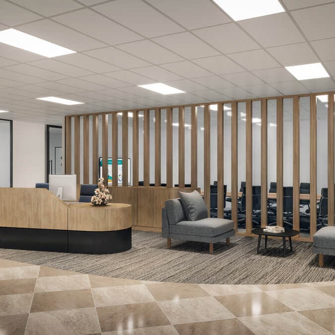 A 3D digital mockup of an office reception area
