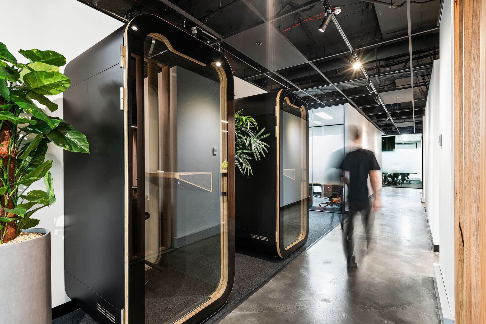 Multiple phone booths at Workspace365's Bourke Street location